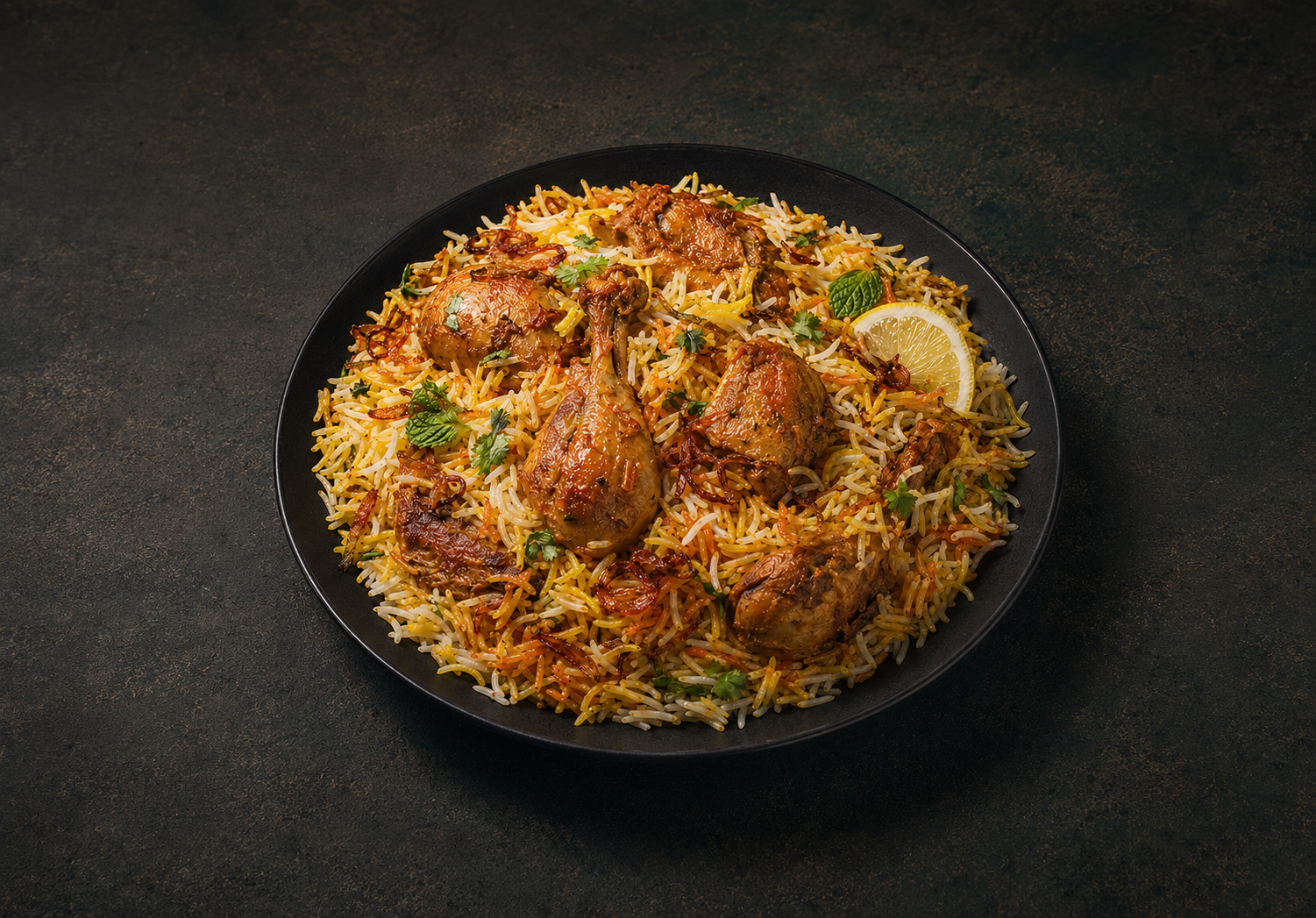Chicken biryani servito su un piatto nero