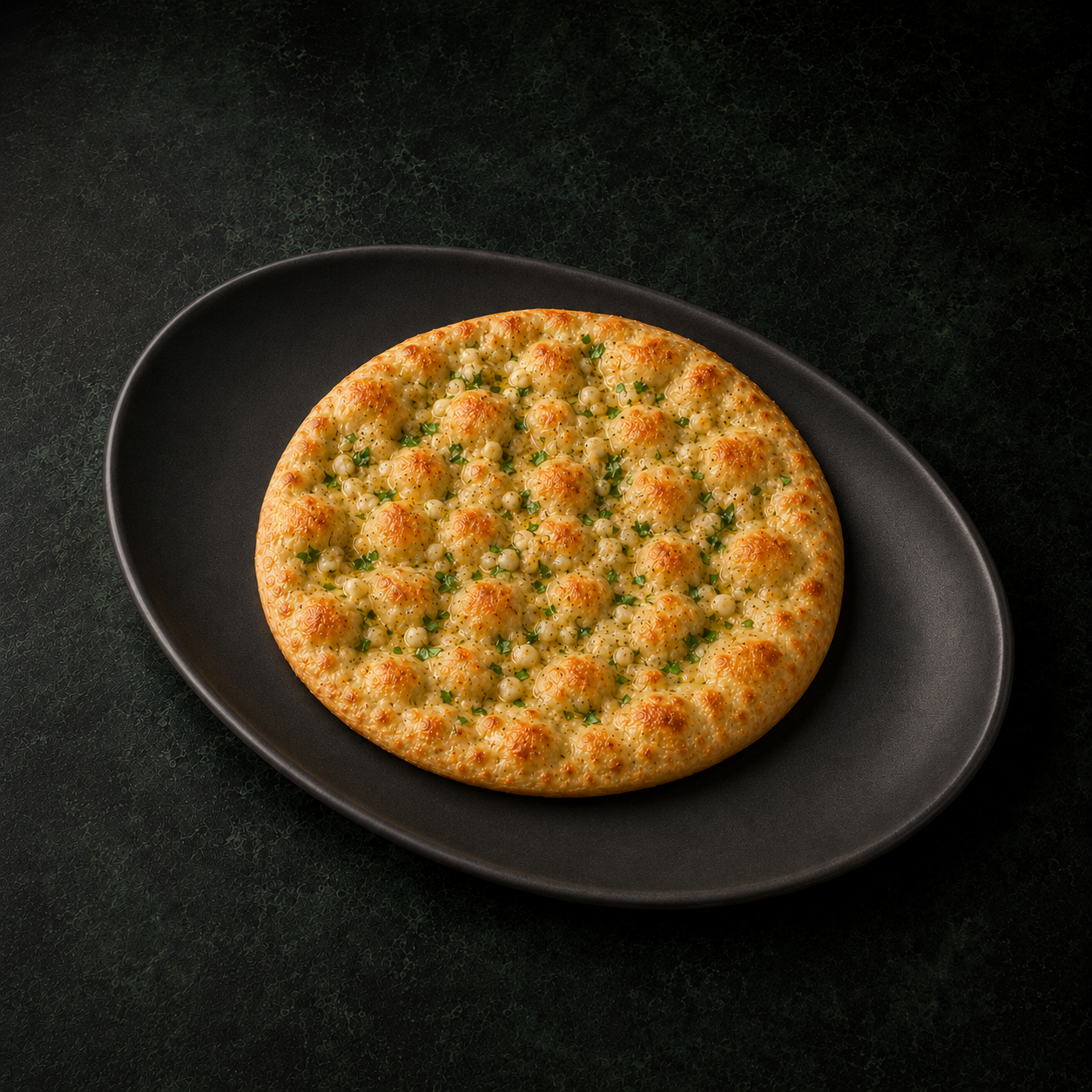 Garlic naan dorato su un piatto nero