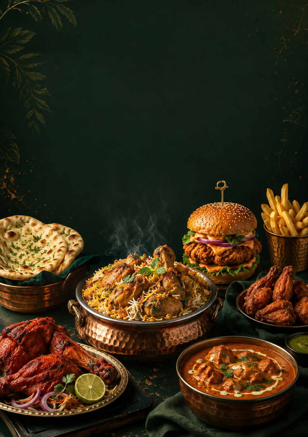 Selezione di specialità Green Lounge con biryani, curry, tandoori, naan e burger